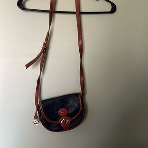 Vintage navy blue and cigar brown half-moon purse, attached strap